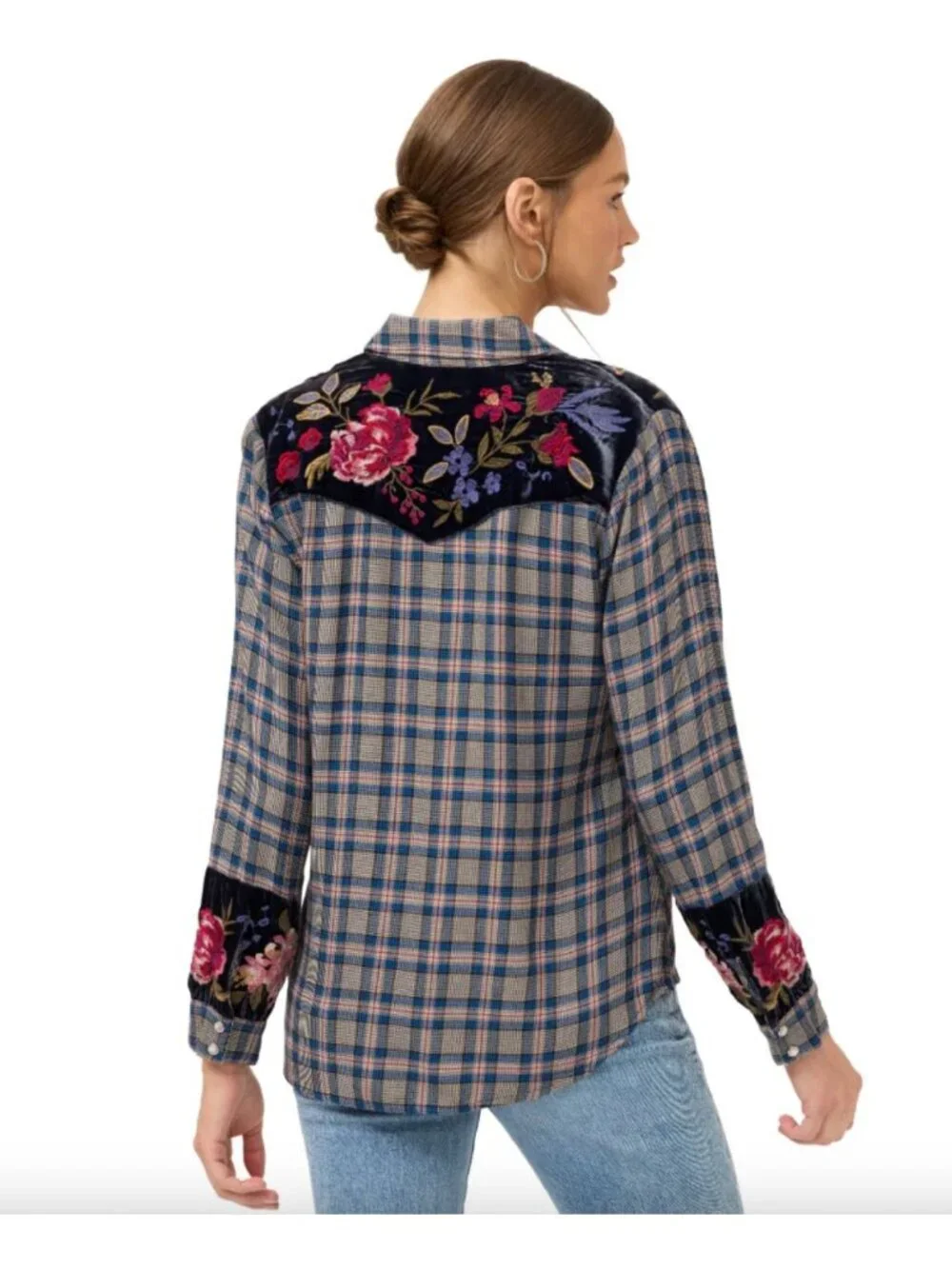 Johnny Was Puff Sleeve Western Shirt Size Large Embroidered Floral Plaid Velvet